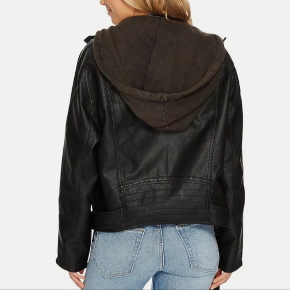 Free People black faux leather vegan moto motorcycle zip up hooded jacket sz S - Picture 4 of 12